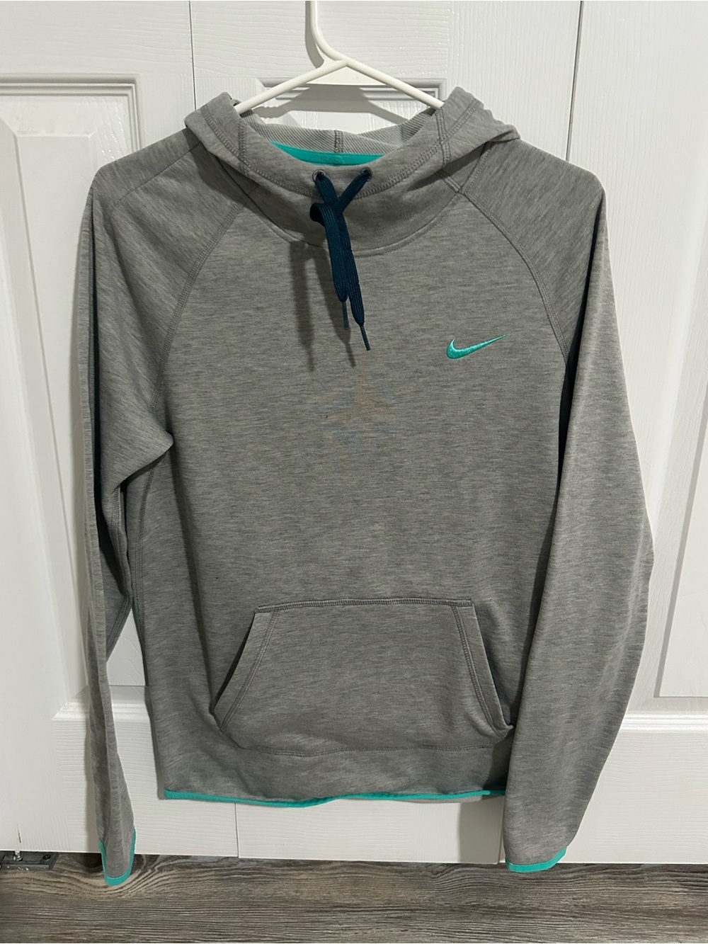 Nike Gray Hoodie with Teal Swoosh and Navy Drawstring